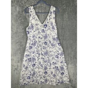 Cynthia Rowley Floral Linen Midi Dress Womens 12 White Blue Very Good Pockets